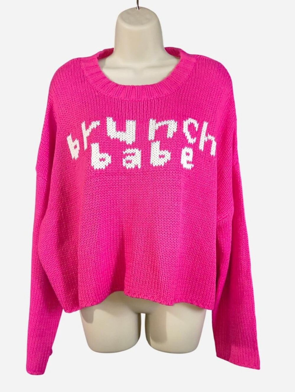 Women's Hot Pink 'Brunch Babe' Crewneck Knit Sweater